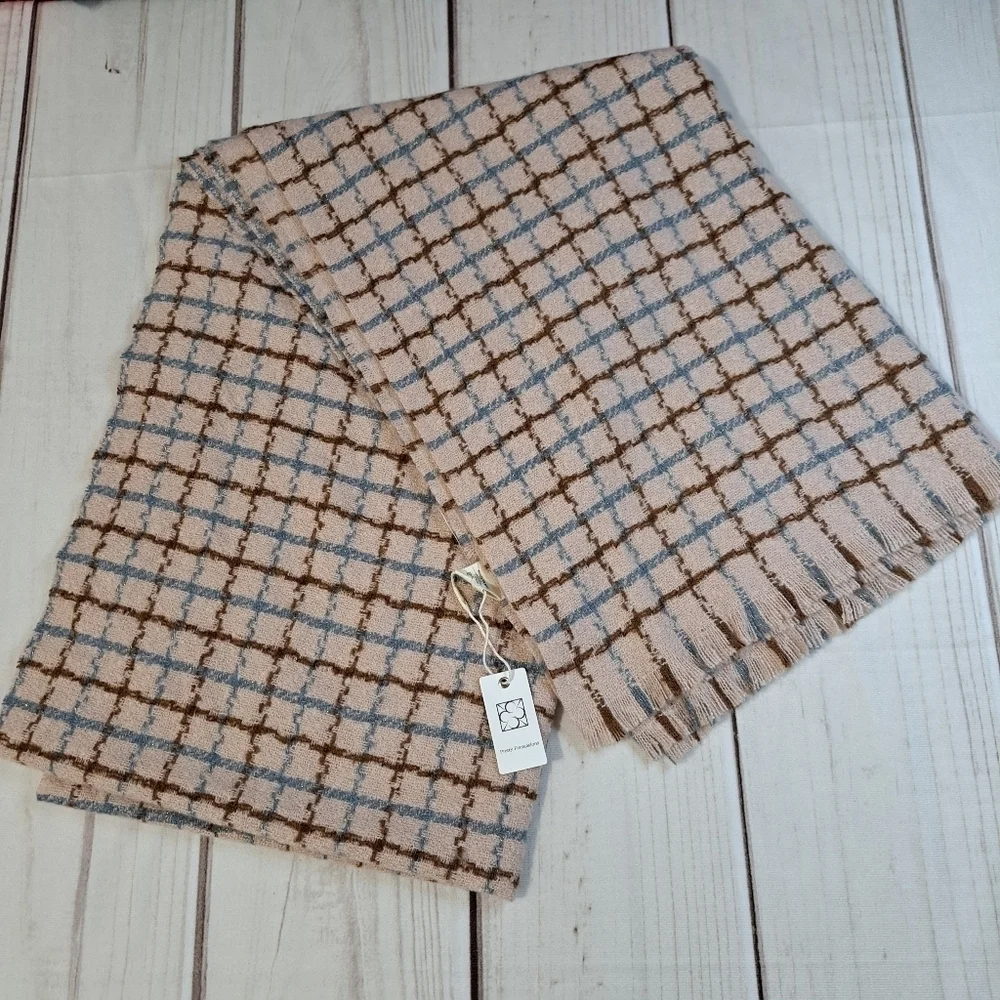 Pretty Persuations Blush Pink, Brown and Blue Scarf With Gold Metallic
